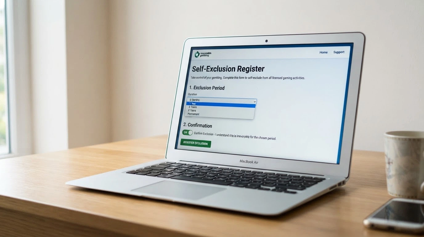 A stylised interface screen showing a self-exclusion registration form with a prominent BetStop logo and a toggle for exclusion duration