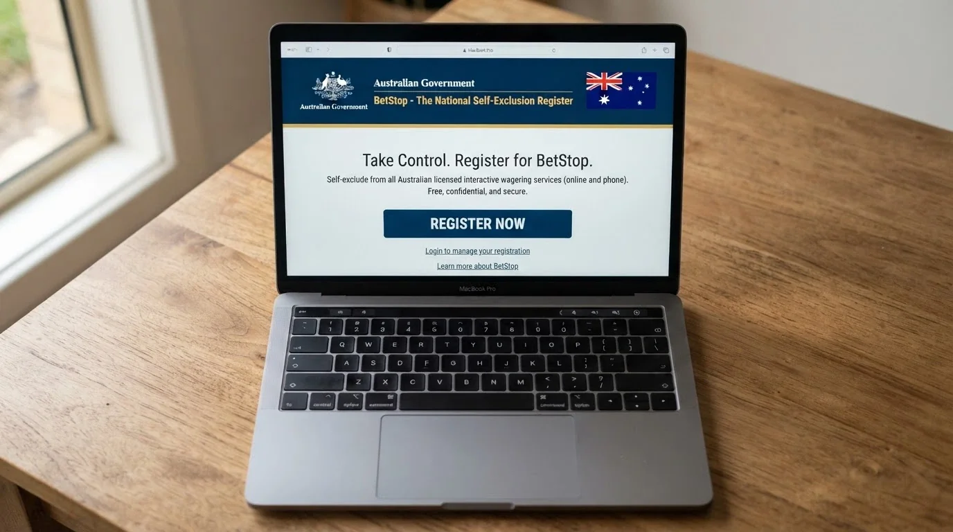 The BetStop.gov.au homepage on a laptop screen showing the National Self-Exclusion Register branding and a Register Now call-to-action button