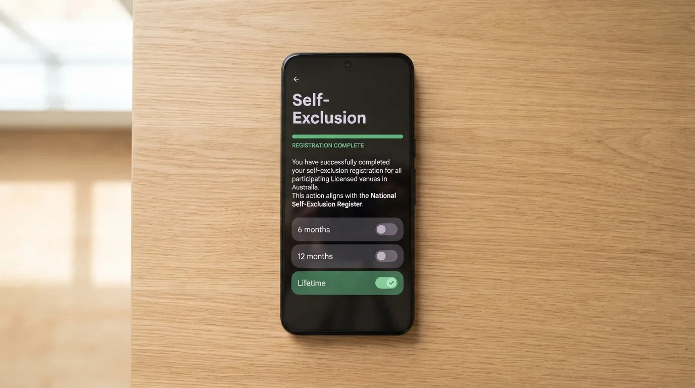 A smartphone displaying the BetStop registration screen with the National Self-Exclusion Register logo