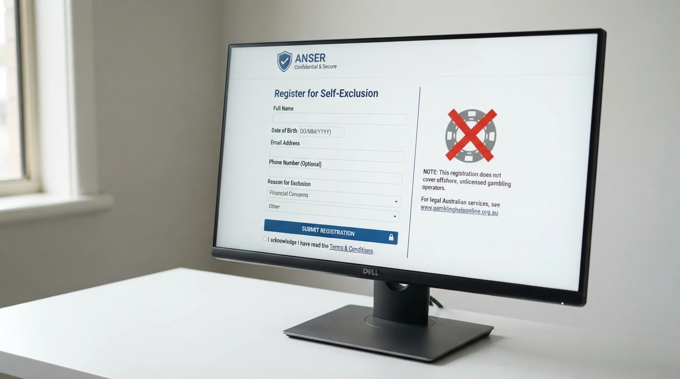 A computer screen showing the BetStop registration page with a red cross over an offshore casino logo beside it.