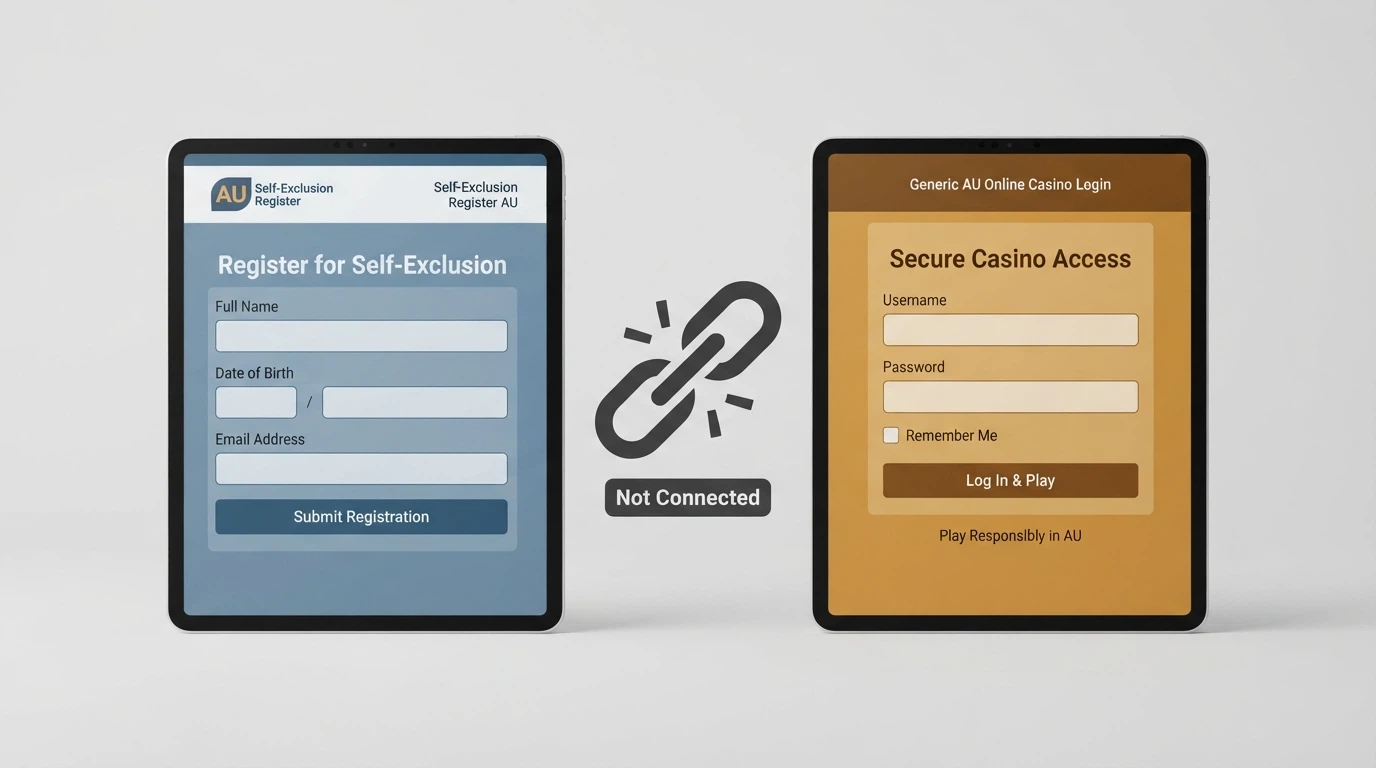 A BetStop registration screen mockup beside an offshore casino login page, with a broken chain icon between them labelled “Not Connected”