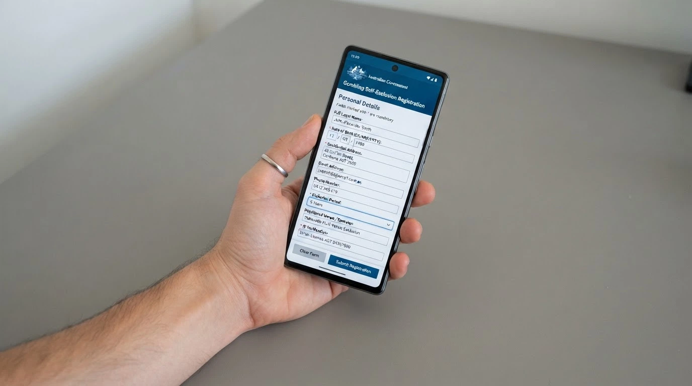 A smartphone displaying the BetStop self-exclusion registration form with fields for personal details and exclusion period