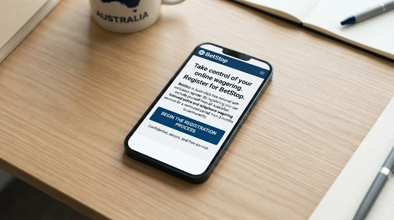 A smartphone screen showing the BetStop National Self-Exclusion Register landing page with a “Register Now” button and Australian Government branding visible