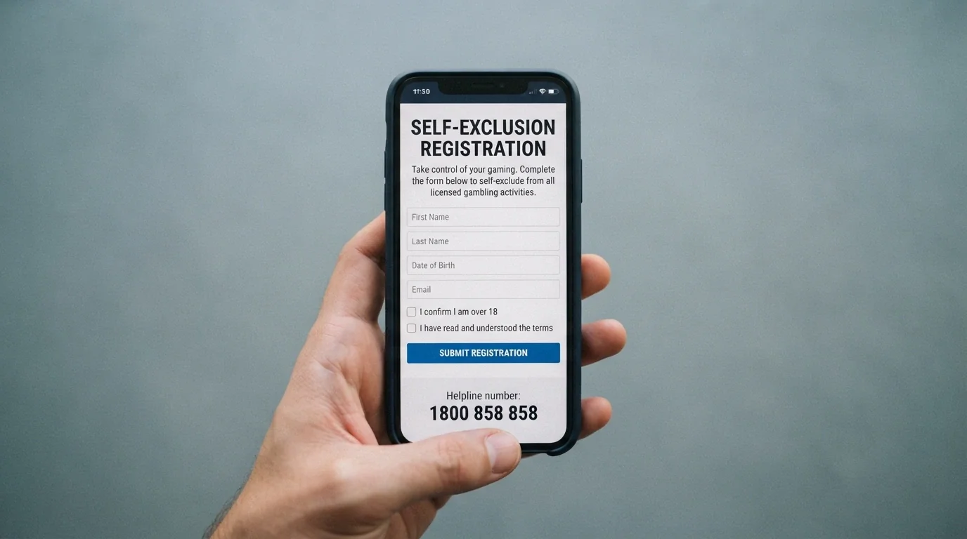 A hand holding a smartphone showing the BetStop National Self-Exclusion Register registration page, the 1800 858 858 helpline number displayed at the bottom of the screen