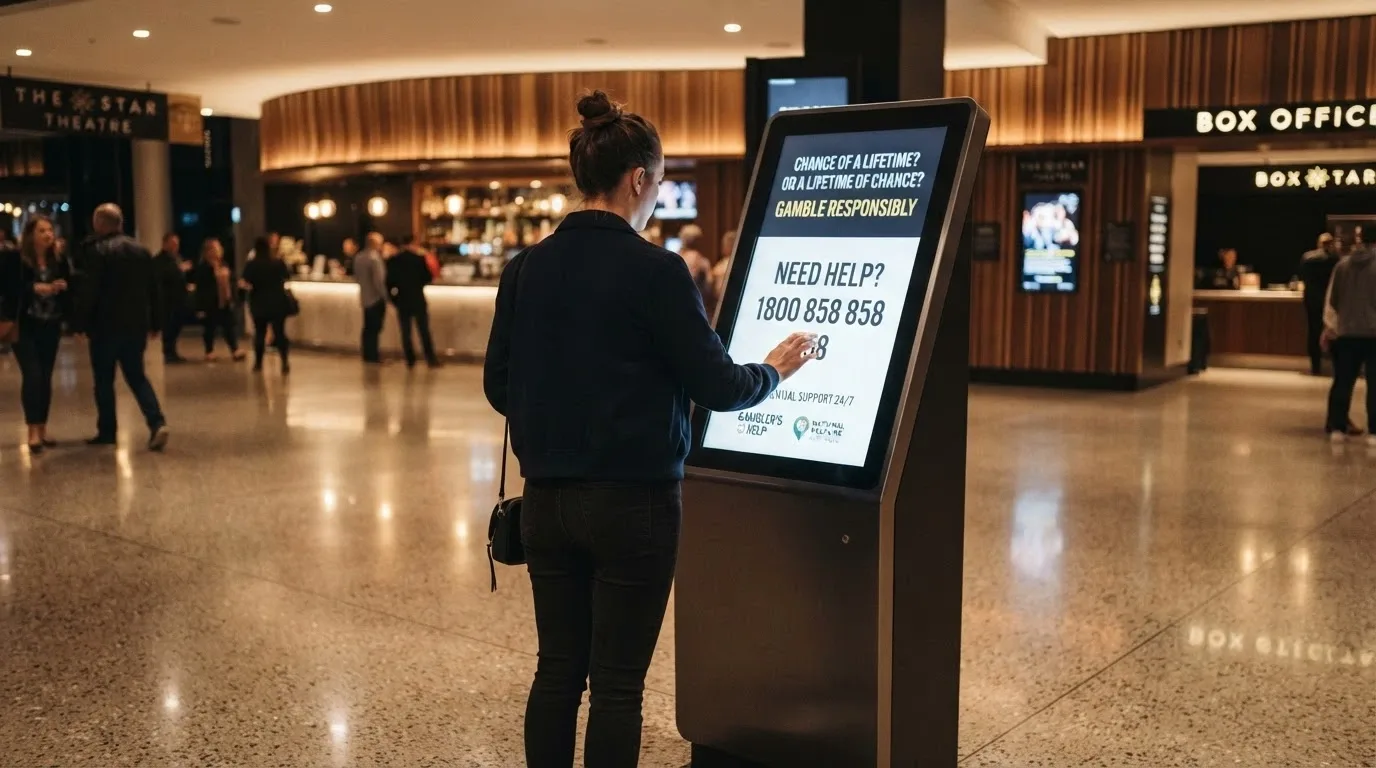 A responsible gambling information display with BetStop logo and helpline number prominently shown