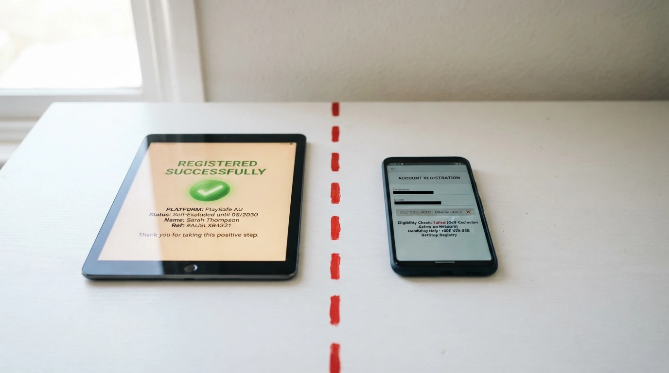 A BetStop registration screen with a green tick, separated by a red dashed line from an offshore casino sign-up form showing “self-excluded” with no check mark