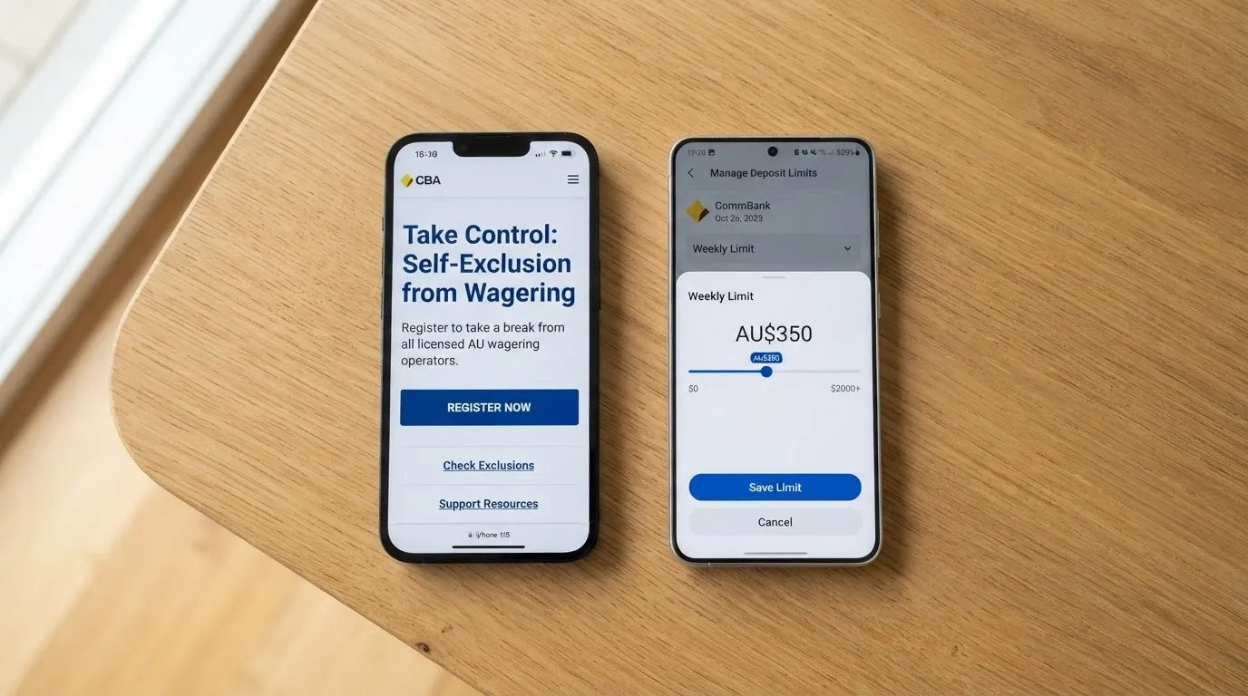 A smartphone screen showing the BetStop National Self-Exclusion Register homepage alongside a banking app with a deposit-limit setting screen visible