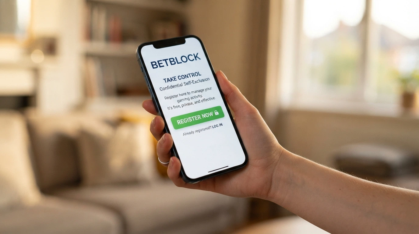 The BetStop National Self-Exclusion Register homepage on a smartphone screen, with the registration button prominent