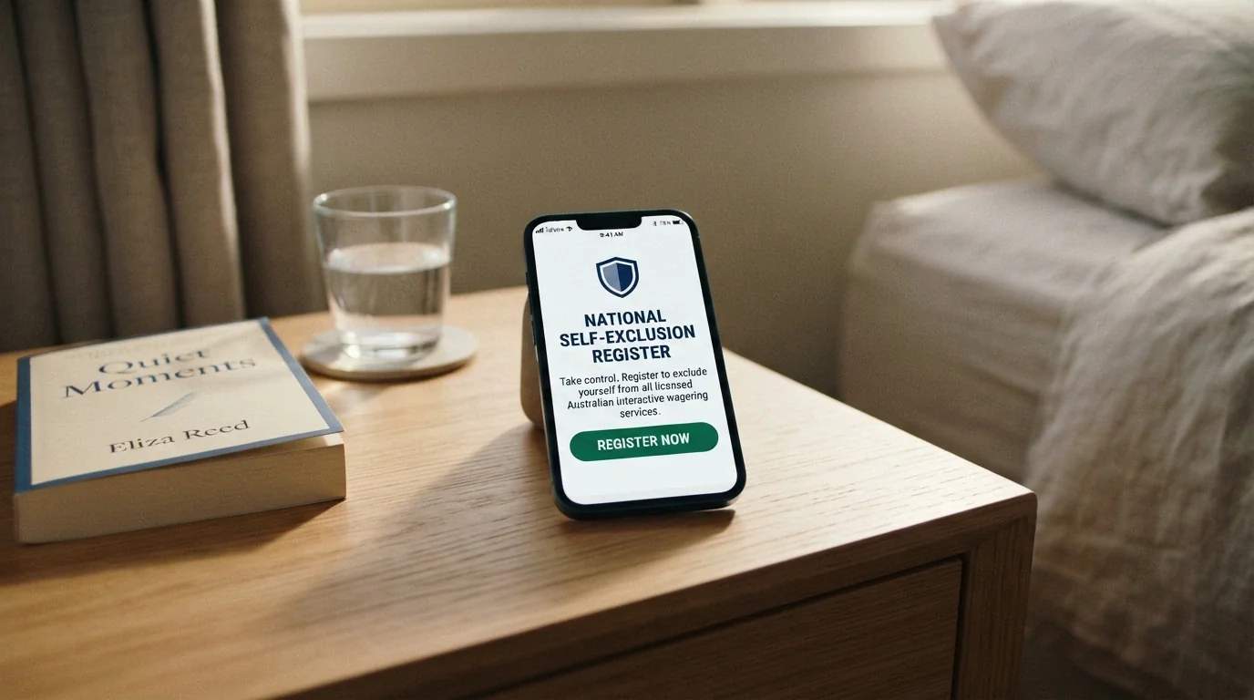 A smartphone displaying the BetStop National Self-Exclusion Register homepage with the Australian Government crest visible