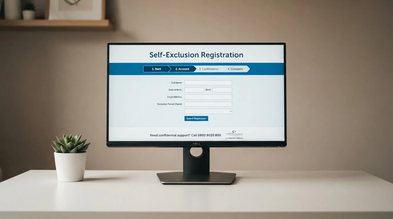 A monitor displaying the BetStop National Self-Exclusion Register sign-up page, with a progress bar showing the registration steps and a helpline number visible