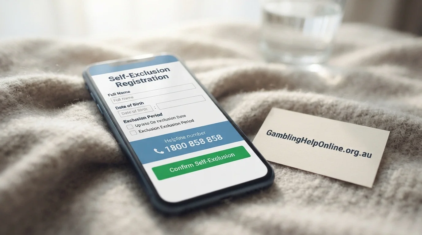 A smartphone screen displaying the BetStop registration interface and the Gambling Help Online homepage, with the National Gambling Helpline number 1800 858 858 prominently shown