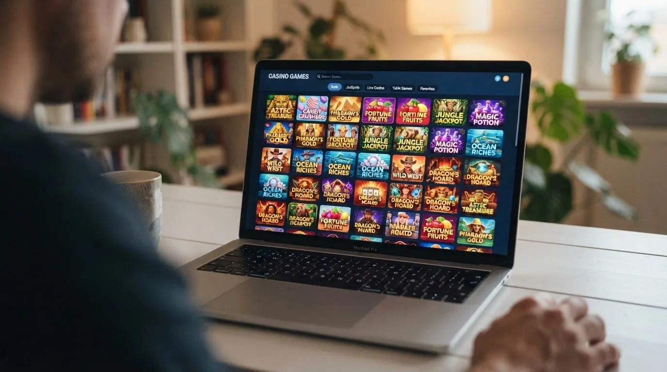 A casino game lobby displaying rows of pokies including Gates of Olympus and Sweet Bonanza thumbnails