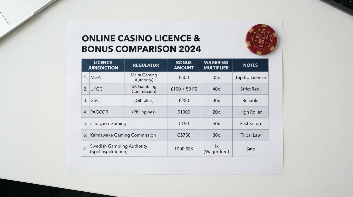 A comparison table showing casino names, licence jurisdictions, bonus amounts and wagering requirements arranged side by side