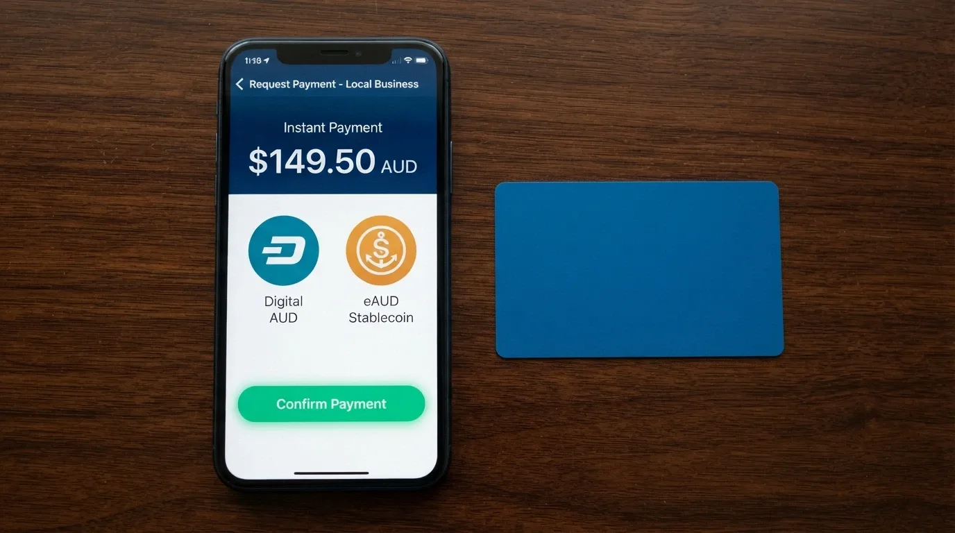 A smartphone displaying a casino cashier screen with Bitcoin and USDT deposit options, set on a desk beside an Australian debit card