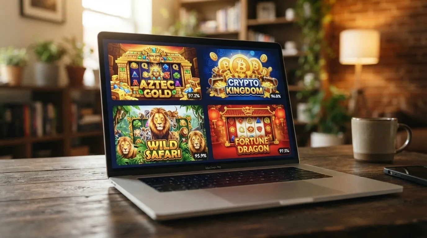 A grid of four online pokie game tiles with their RTP percentages displayed as overlays — 7Bit Million, Fortune Reels, Buffalo Trail and Wolf Treasure