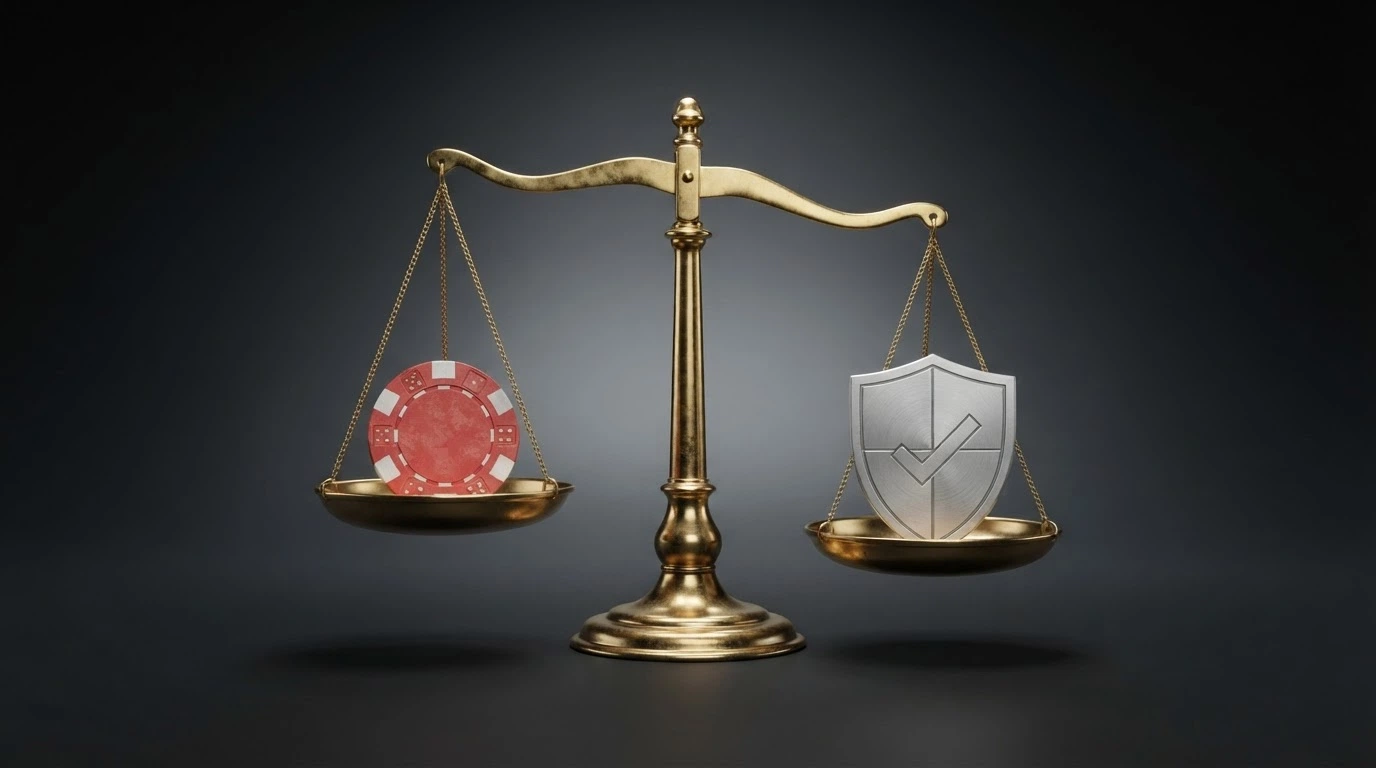 A set of balance scales with a casino chip on one side and a shield icon labelled with AU consumer protections on the other, the shield side weighed down