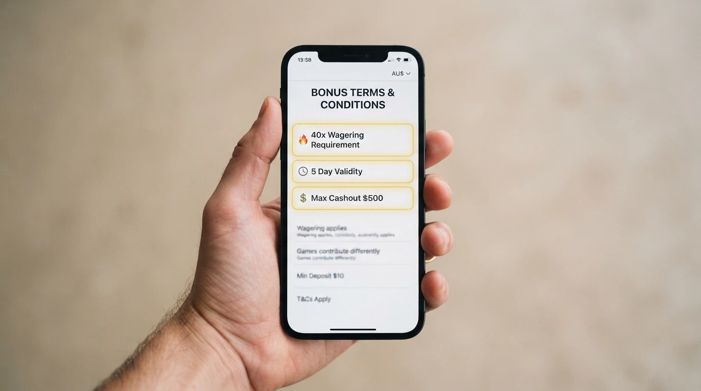 A close-up of bonus terms text on a phone screen with the wagering multiple, validity window and max-cashout cap highlighted