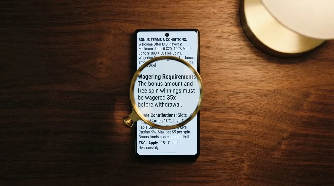A close-up of a smartphone screen showing bonus terms and conditions, with a magnifying-glass overlay highlighting the wagering-requirement figure in the fine print