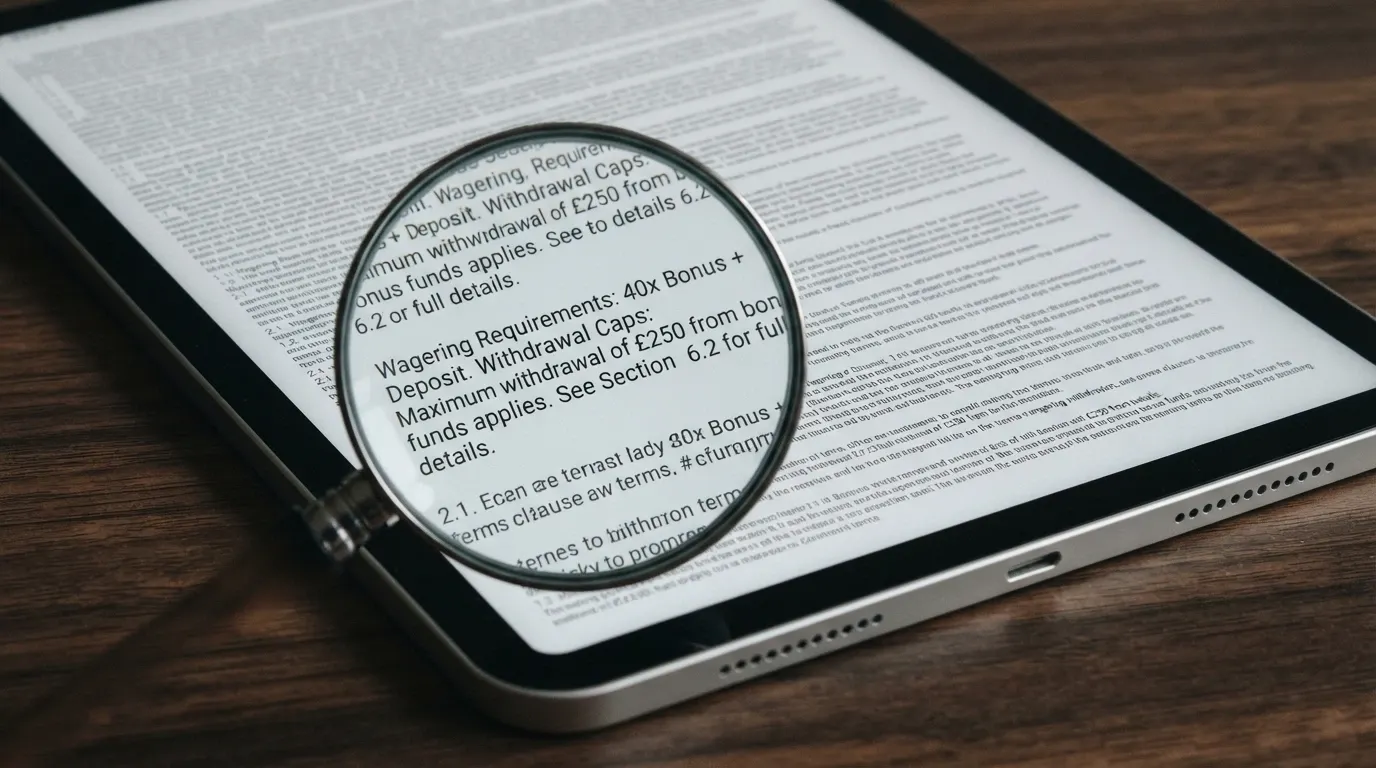 A close-up of an iPad screen showing bonus terms and conditions text, with a magnifying-glass effect over the wagering requirement and withdrawal cap clauses