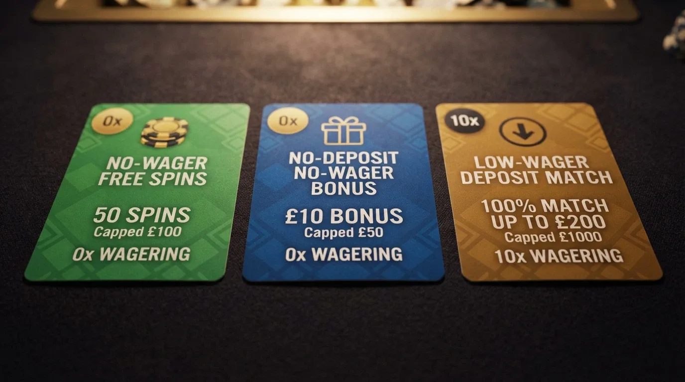 Three side-by-side offer cards representing a no-wager free spins offer, a no-deposit no-wager bonus and a low-wager deposit match, each with its key terms labelled