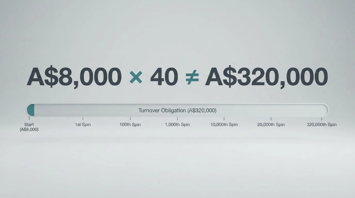 A simple visual equation: A$8,000 bonus × 40x wagering = A$320,000 turnover, with a progress bar showing how many spins that actually takes