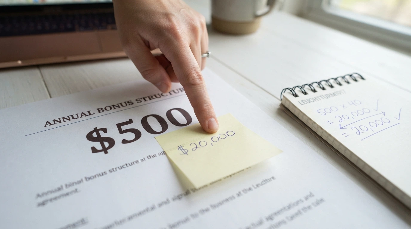 A large bold bonus figure ($500) partially obscured by a transparent overlay showing the real turnover obligation ($20,000) in smaller print, with a calculator beside it