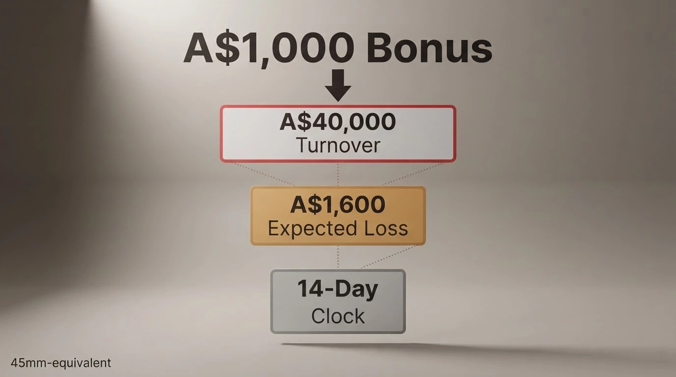 A visual breaking down a A$1,000 bonus into its real components — the A$40,000 turnover obligation, the A$1,600 expected loss, the 14-day clock — with the headline A$1,000 shrinking at each step