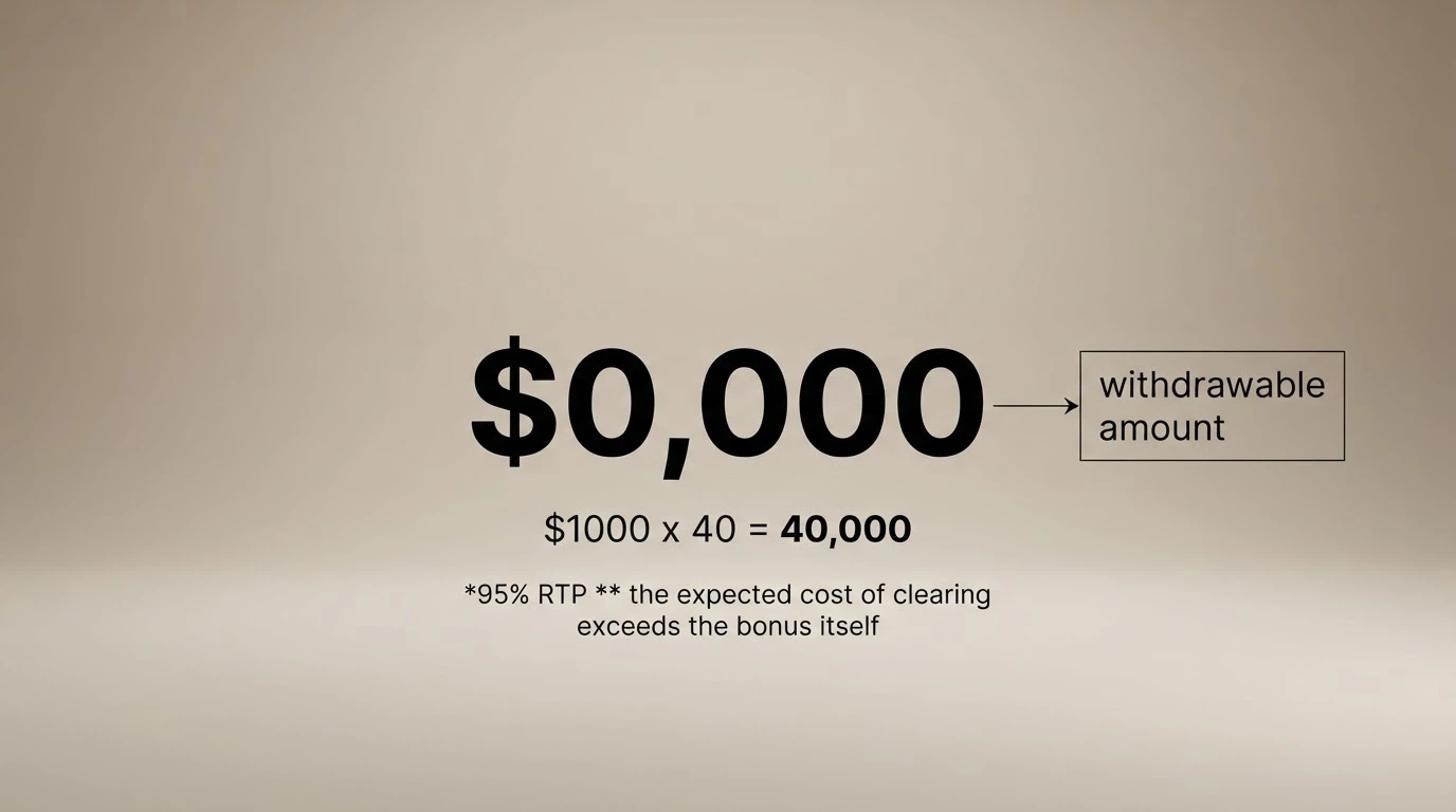 A simplified visual showing a AU$1,000 bonus multiplied by a 40× wagering requirement equalling AU$40,000 in required turnover, with an arrow pointing to a small withdrawable-amount box