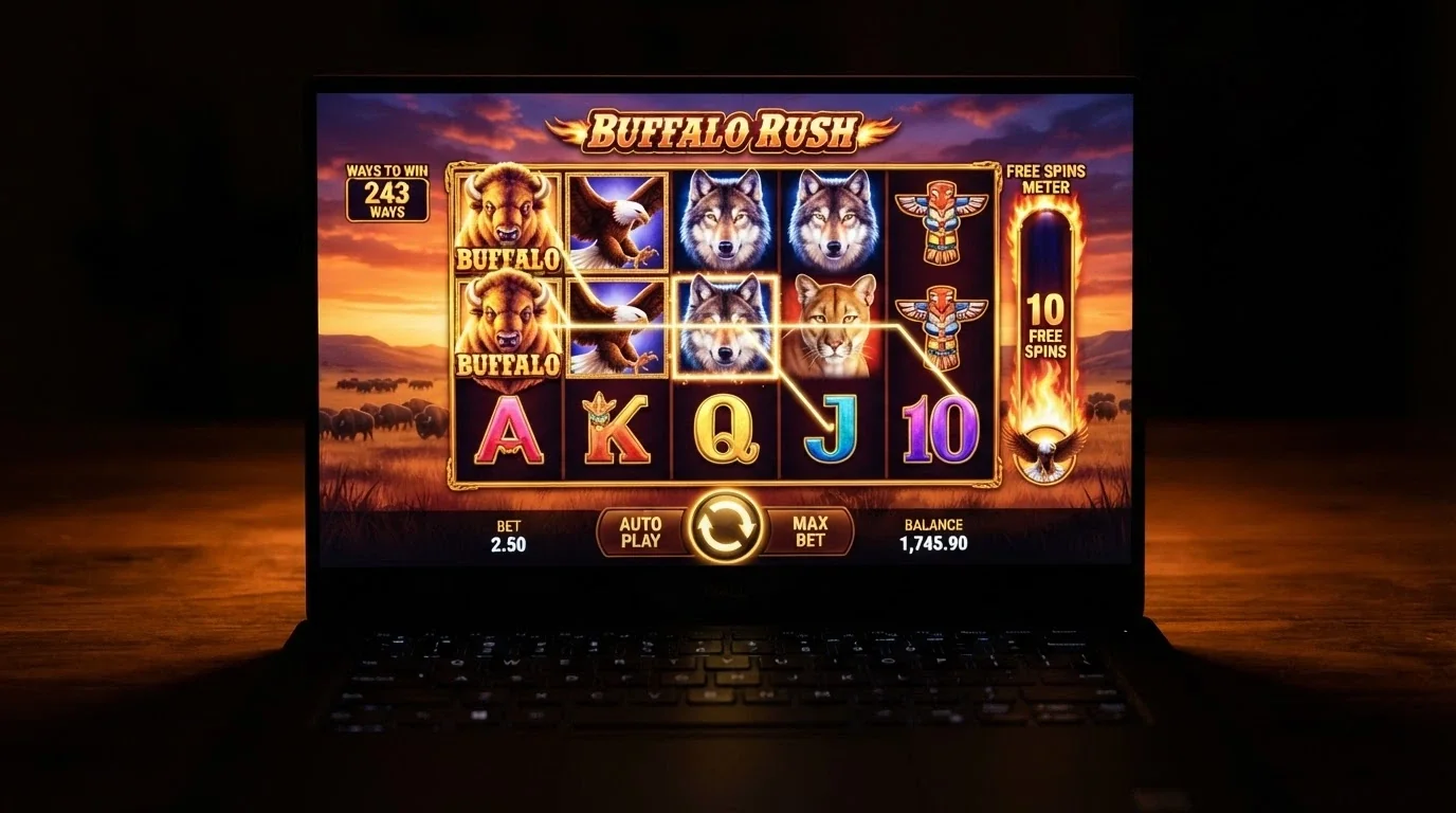 The Buffalo online pokie screen showing the 1,024-ways-to-win layout with golden buffalo symbols against a sunset prairie backdrop and the free-spins counter visible
