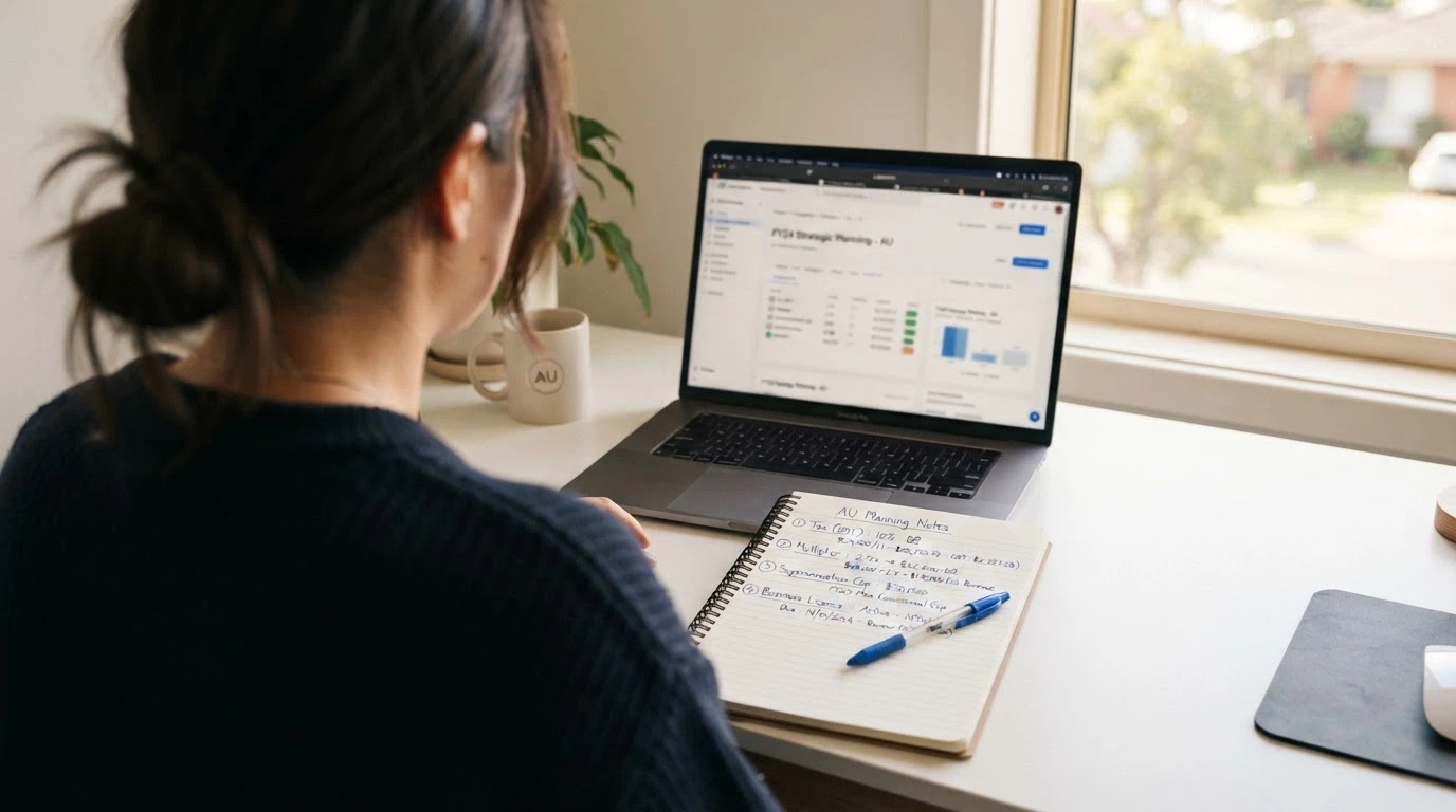 A player at a laptop with a notepad listing cashback rate, wagering multiple, cap and licence status — a calculator and a pen beside the list