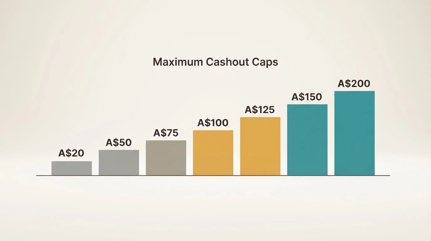 A horizontal bar chart comparing cashout caps from A$20 to A$200 with most bars falling between A$50 and A$150, labelled by cap level