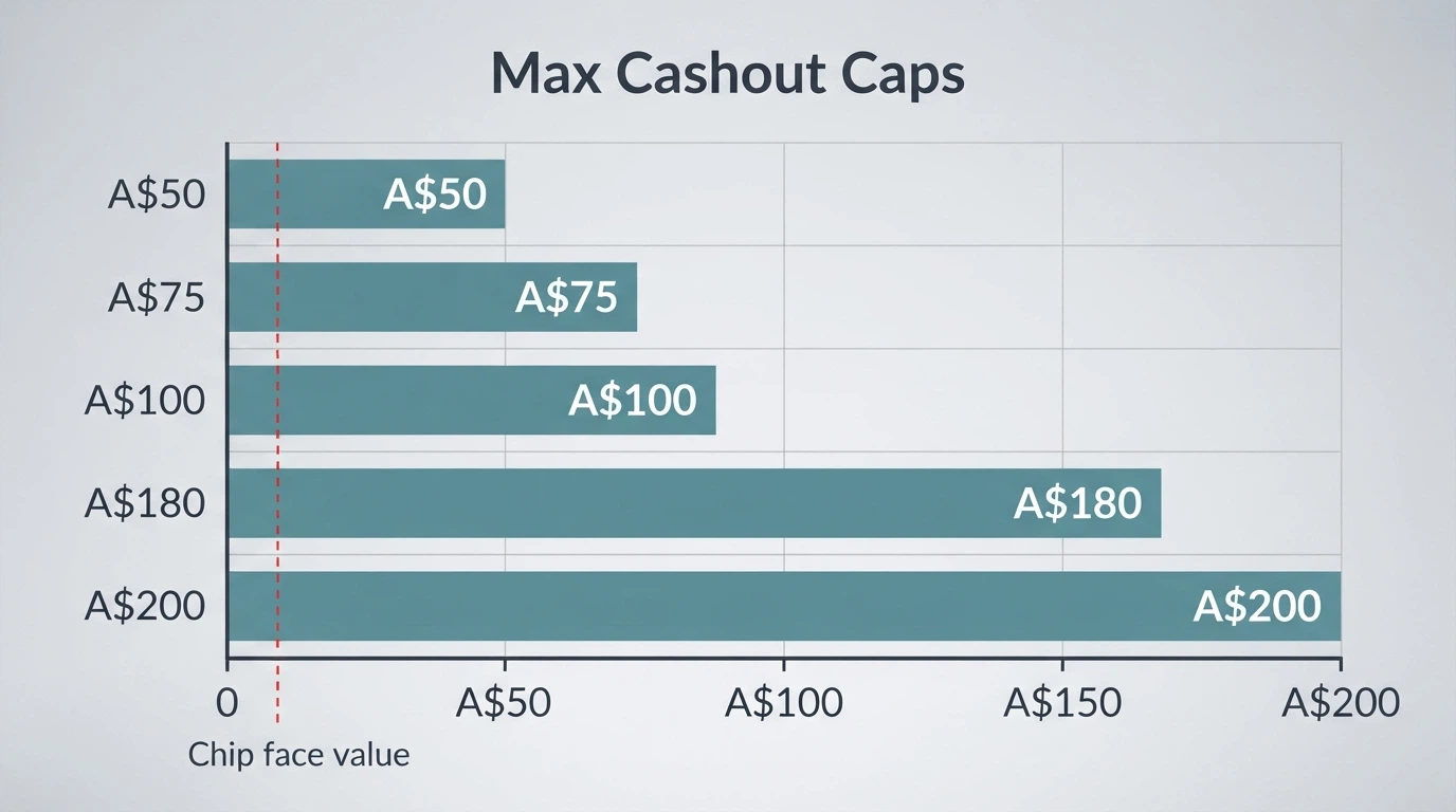 A horizontal bar chart comparing five max-cashout figures from A$50 to A$200, with a dashed line marking the $10 chip face value far below
