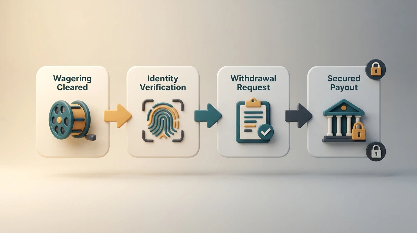 A horizontal flow diagram: wagering cleared → KYC verified → withdrawal request → AU bank account, with a padlock icon on the last step