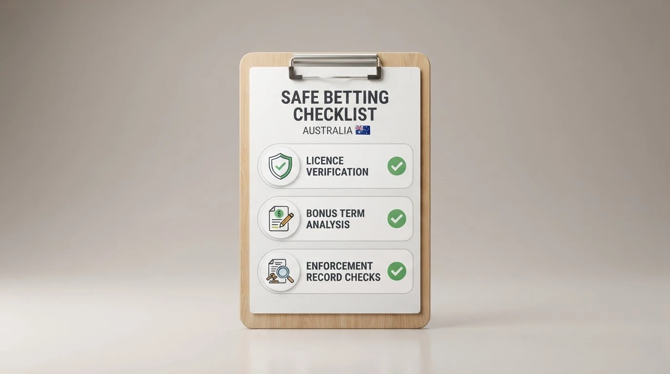A checklist-style graphic showing licence verification, bonus-term analysis and ACMA enforcement record check as the three evaluation pillars