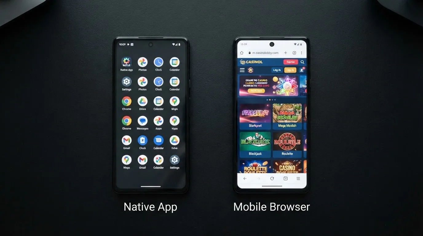 Side-by-side phone screens showing a native app icon on a home screen and a mobile browser loading a casino website, with labels indicating the different delivery methods