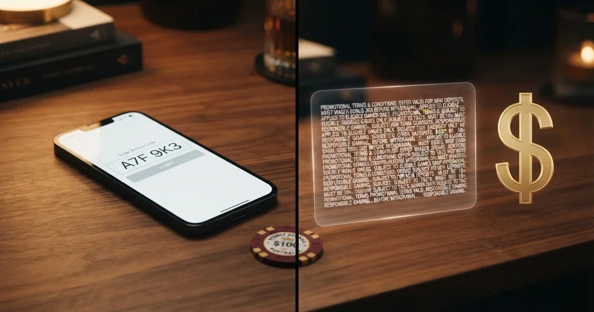 A split-screen view showing a casino bonus code entry field on one side and a terms-and-conditions pop-up on the other, with Australian dollar symbols visible
