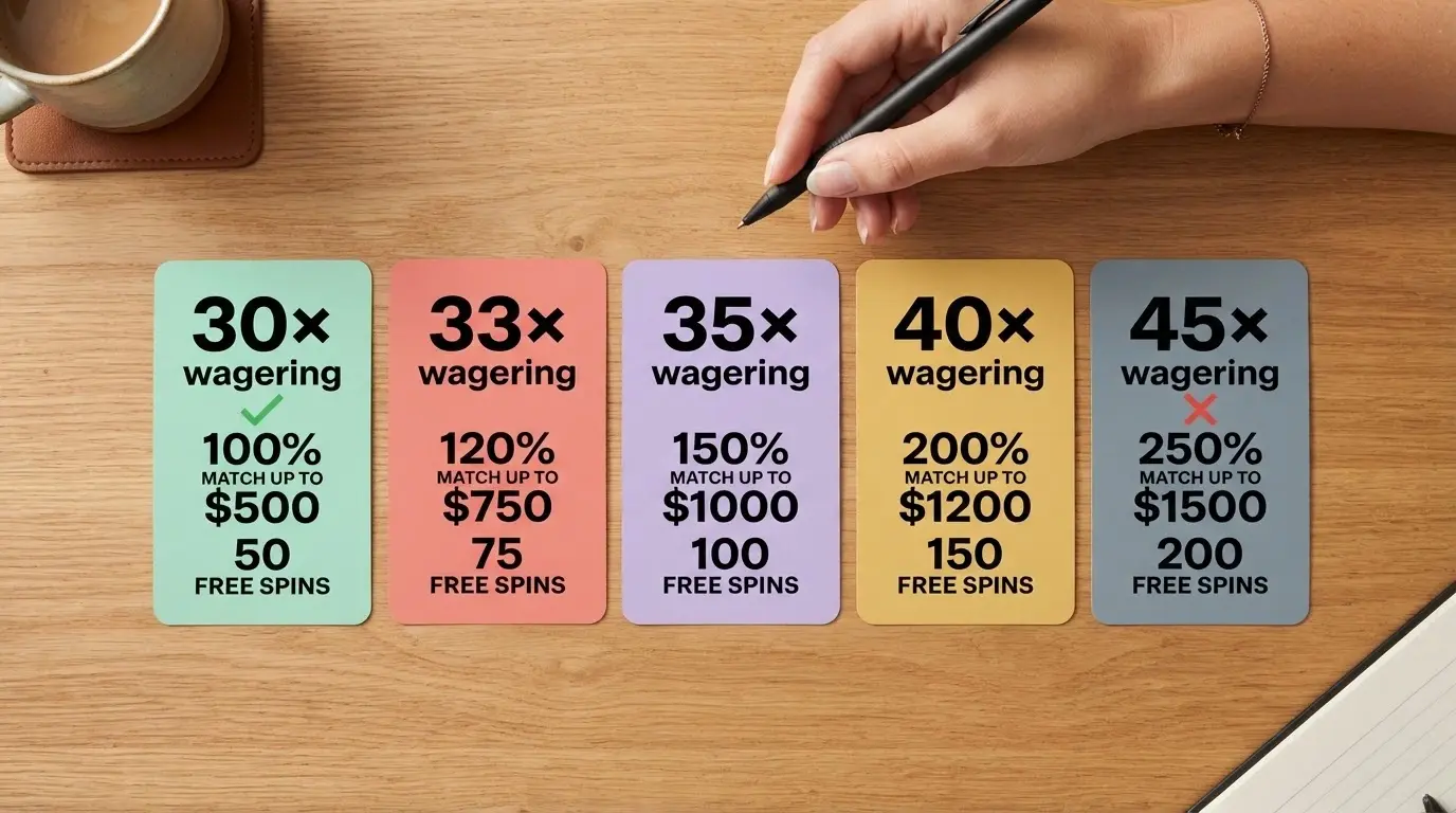 A visual comparison grid of casino bonus cards, each showing a different match percentage, free-spin count and wagering figure, arranged from lowest to highest wagering