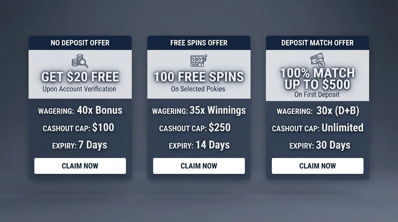A side-by-side visual comparison of three bonus offer cards — no-deposit, free spins, deposit-match — with their wagering multiples and cashout caps called out