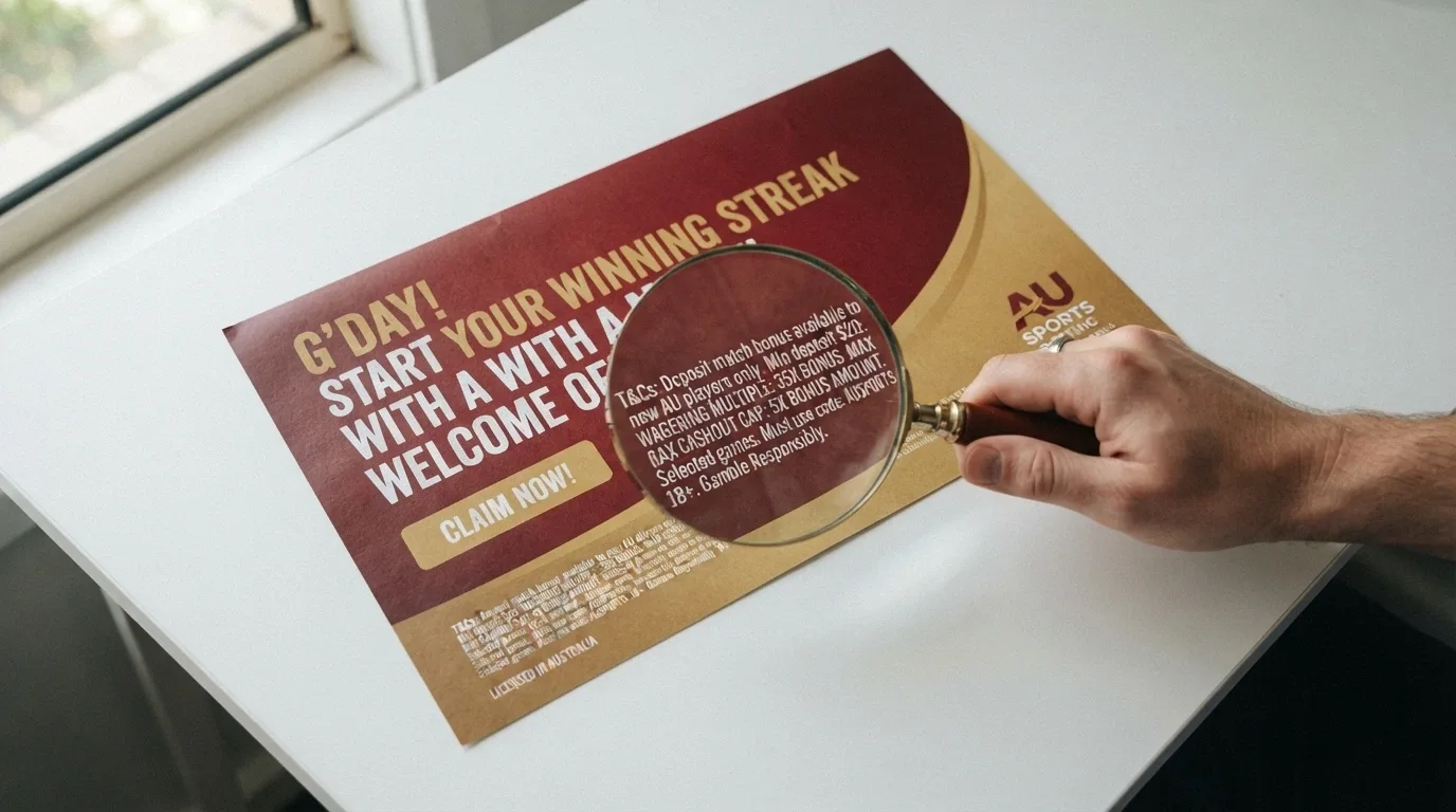 A welcome-offer banner with a magnifying glass over the terms-and-conditions link, revealing the wagering multiple and cashout cap in fine print