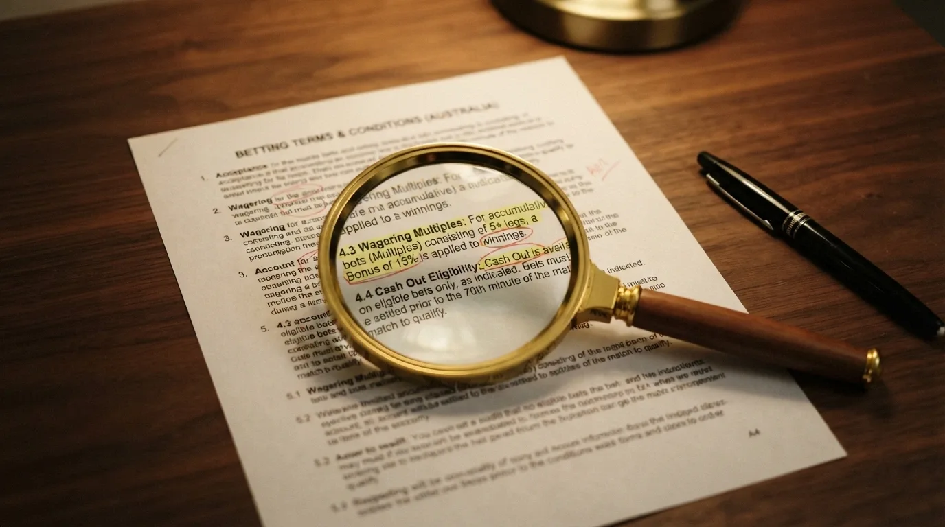 A close-up of bonus terms and conditions with a magnifying glass highlighting the wagering-multiple line and the max-cashout clause