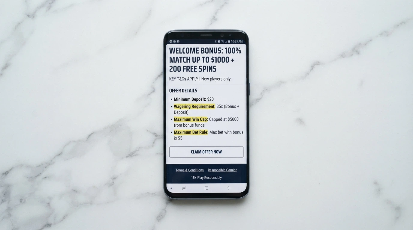 An Android phone displaying a bonus terms screen with the wagering requirement, win cap and max-bet clauses highlighted in yellow