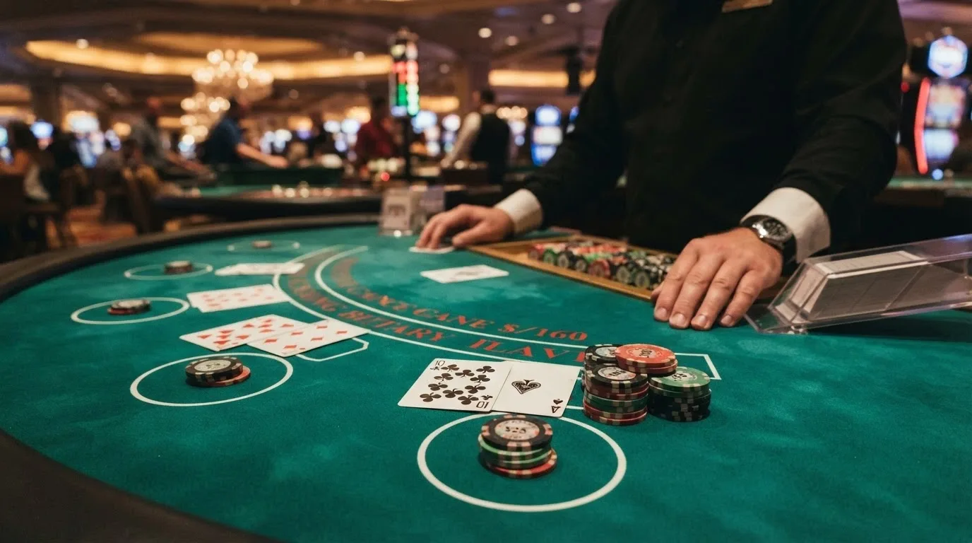 A blackjack table in play on Casino Canberra's gaming floor, dealer and players visible, chips and cards on the felt