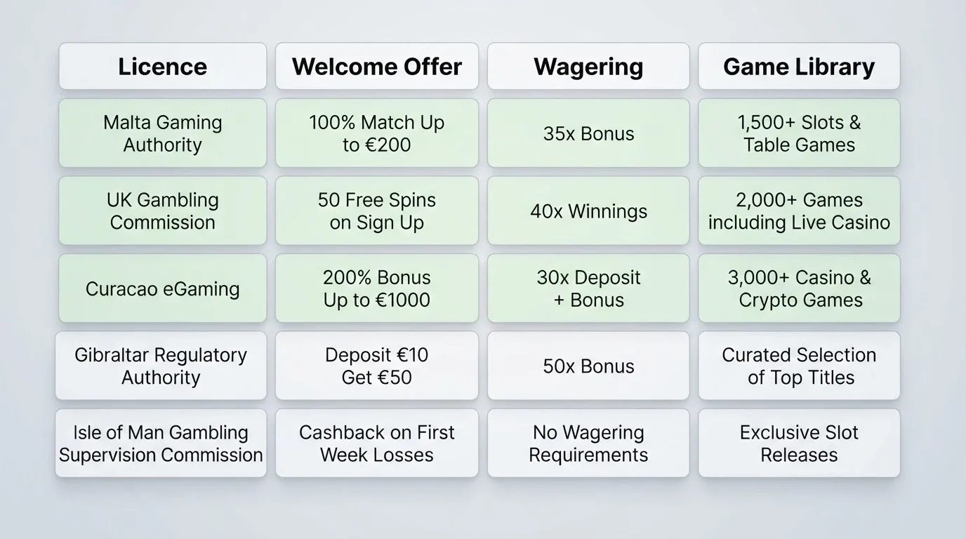 A clean comparison grid with operator names down the left and columns for licence, welcome offer, wagering and game count, with three rows highlighted in green