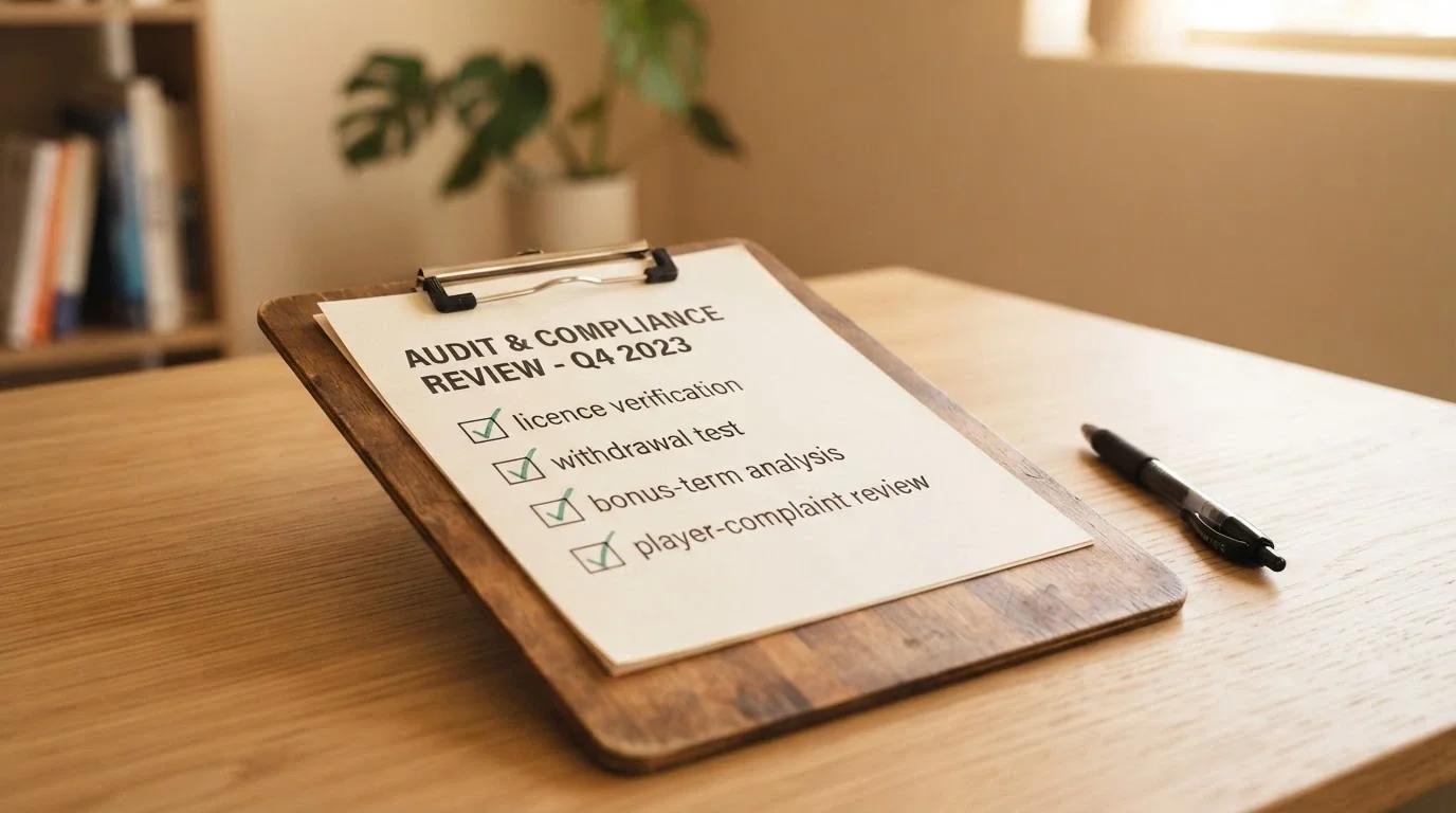 A clipboard with checkmarks next to licence verification, withdrawal test, bonus-term analysis and player-complaint review.