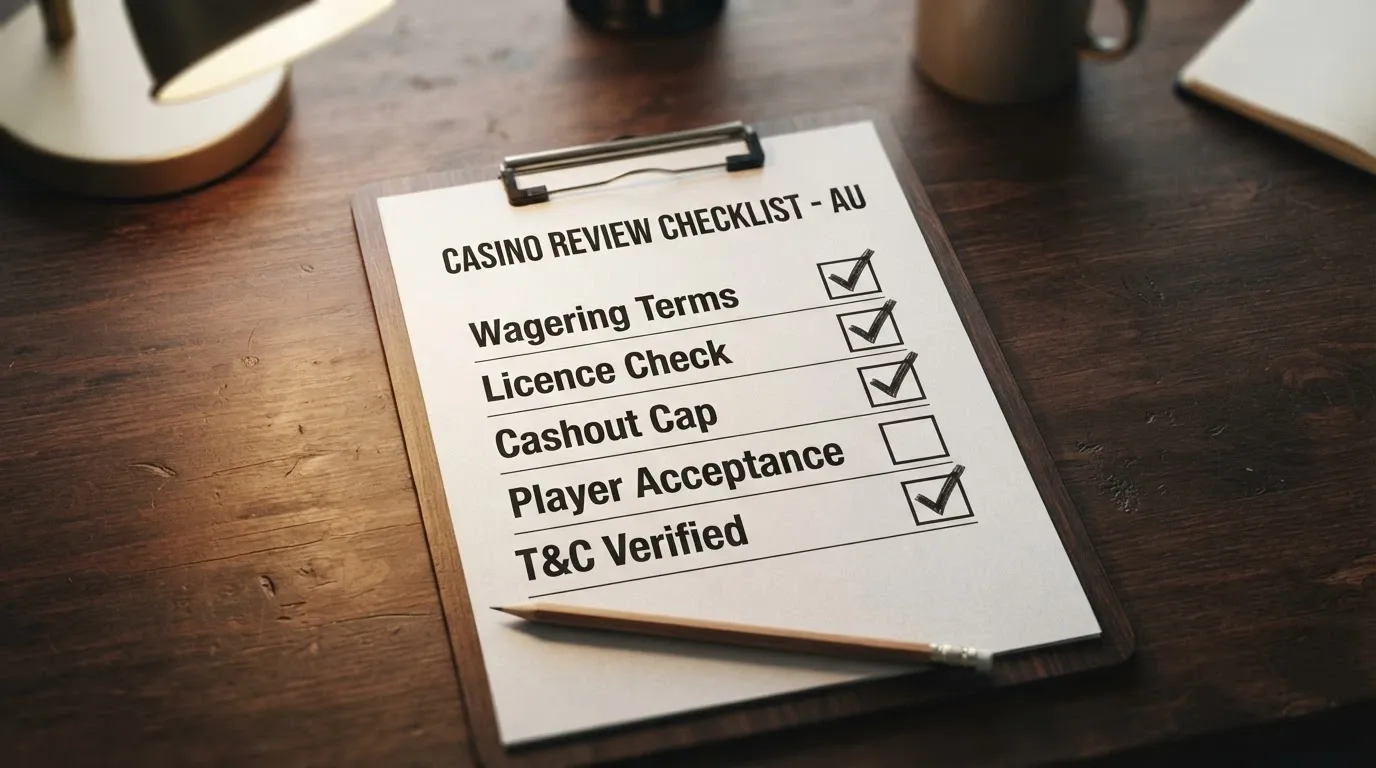 A clipboard with a checklist of evaluation criteria — wagering terms, licence check, cashout cap, AU-player acceptance — and a pen checking each box