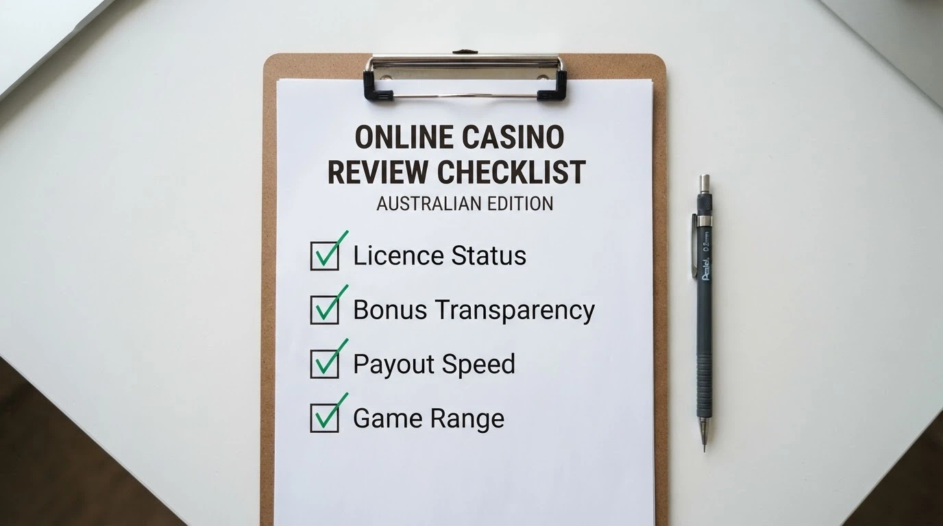 A clipboard-style layout listing evaluation criteria — licence status, bonus transparency, payout speed, game range — with tick-mark indicators beside each heading