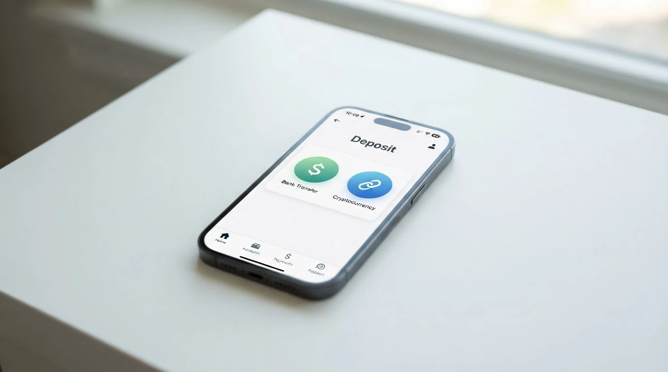 A smartphone showing a banking app with PayID and crypto wallet icons side by side on the screen