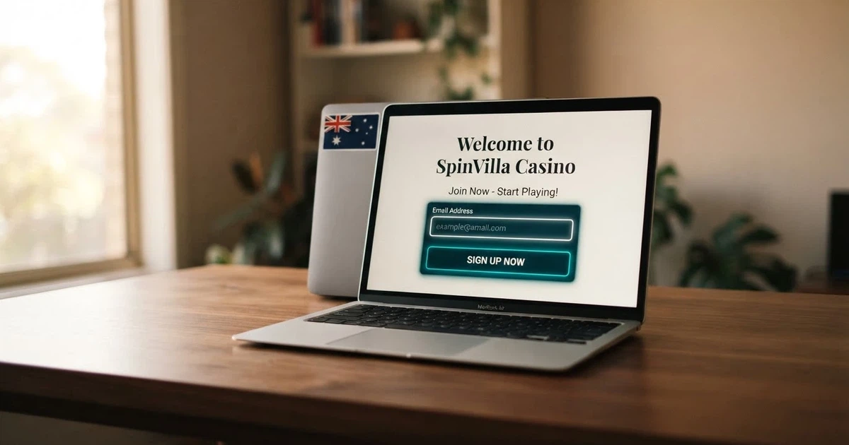 A laptop screen showing an online casino sign-up page with a promo code entry field highlighted, an Australian flag sticker on the laptop lid