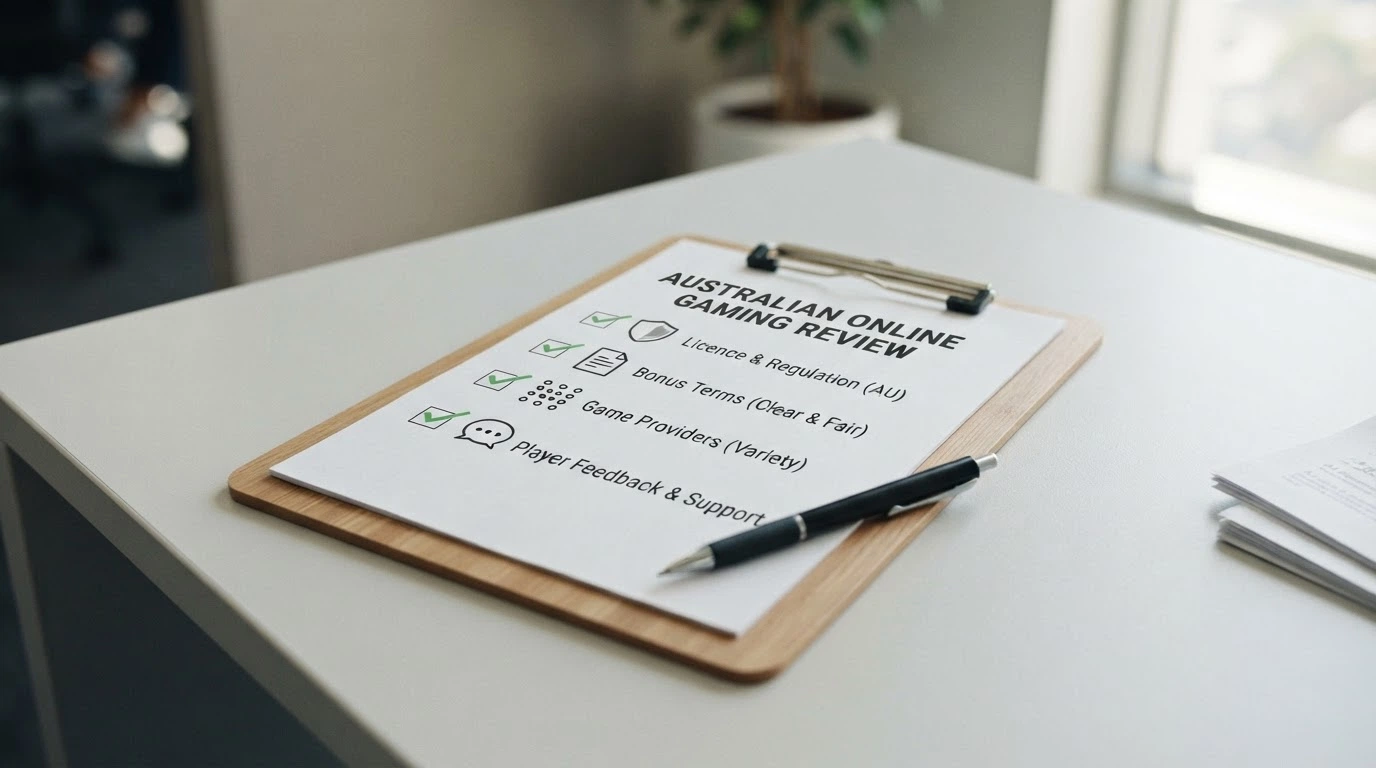 A clipboard with checkmarks next to criteria icons — licence check, bonus-terms verification, provider audit, player-complaint review