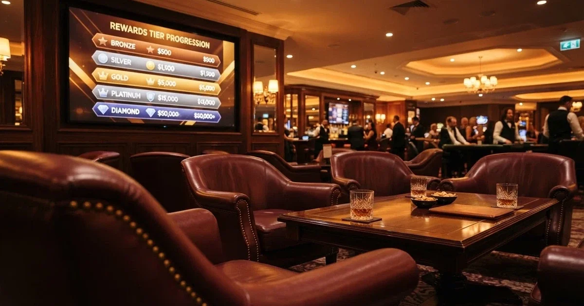 A VIP casino lounge interior with leather seating, a concierge desk and a screen showing tier-level rewards